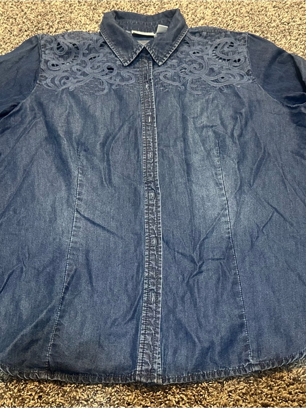Chico's Dark Blue Embroidered Denim Shirt Jacket